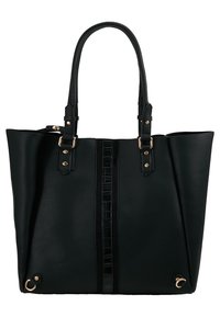 Sac fourre-tout en similicuir noir à forme allongée, ouverture large, panneau central brillant, ferrures dorées et double bandoulière.