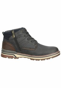 Braune Leder-Stiefeletten mit einem strukturierten, dunkelblauen Kragen, seitlichem Reißverschluss und einer Gummisohle mit gemustertem Profil für Traktion.