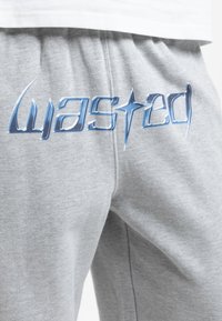 Pelēkie sporta bikses ir aprīkotas ar zilu grafiku "wasted" kreisajā pusē, kas demonstrē spīdīgu, teksturētu apdari. Materiāls šķiet mīksts un ikdienišķs.