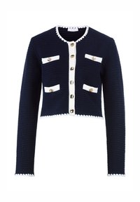 Cardigan lavorato a maglia blu navy con accenti bianchi, colletto tondo, cinque bottoni dorati e quattro tasche frontali. Vestibilità corta con orlo a scallop.