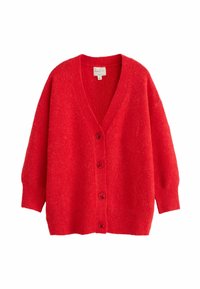 Cardigan rouge en mélange de laine avec col en V, manches longues, poignets et ourlet côtelés, et quatre boutons devant.