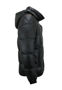 Zwarte pufferjas met een capuchon, met een gladde, glanzende buitenkant, gestikte ontwerpen en ritszakken aan de zijkant.