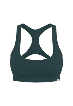 Bra sportivo verde scuro con design a schiena scoperta, tessuto morbido e fascia elastica nella parte inferiore per supporto.