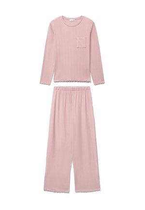 Top rosa chiaro a maniche lunghe con tasca sul petto abbinato a pantaloni larghi coordinati con vita elastica, distesi su sfondo bianco.