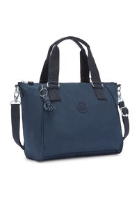 Marineblå nylon håndtaske med to korte hanke og en aftagelig, justerbar skulderrem. Har et logo patch og en charm detalje. Glat tekstur.