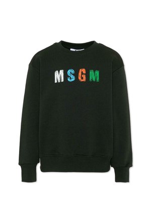 Czarna bluza z okrągłym dekoltem z literami "MSGM" w kolorach białym, niebieskim, pomarańczowym i zielonym na piersi, z długimi rękawami i ściągaczami przy mankietach.
