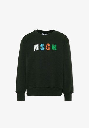 Felpa nera girocollo con le lettere "MSGM" in bianco, blu, arancione e verde sul petto, con maniche lunghe e polsini a coste.