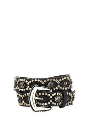Cintura in pelle nera con borchie argentate e decorazioni floreali in metallo, con una grande fibbia metallica argentata fissata ad anello.