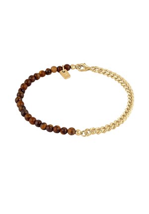 Bracelet with half brown round beads and half gold chain links, featuring a gold lobster clasp and small rectangular tag.