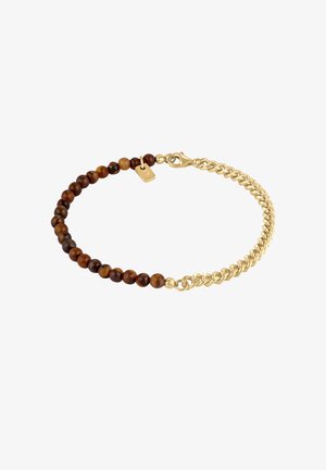 Armband mit halb braunen runden Perlen und halb goldenen Kettengliedern, mit einem goldenen Karabinerverschluss und kleinem rechteckigem Anhänger.