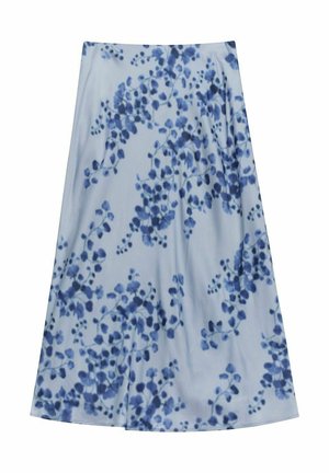 Ausgestellter Midirock aus leichtem, glattem Stoff mit einem blauen Blumenmuster auf hellblauem Hintergrund und gerafftem Taillen-Detail.