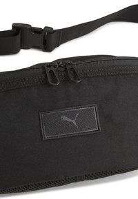 Sort stof talje taske med en tekstureret overflade, udstyret med en frontlomme med lynlås, mesh-detaljer og et diskret logo-patch. Justerbar rem inkluderet.