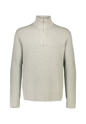 Lichtgrijze geribbelde gebreide pullover trui met een hoge kraag en een halve rits. Voorzien van lange mouwen en een rechte zoom. Zachte textuur.