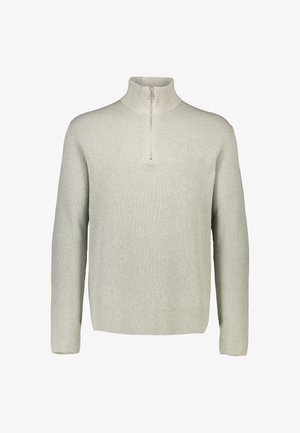 Lichtgrijze geribbelde gebreide pullover trui met een hoge kraag en een halve rits. Voorzien van lange mouwen en een rechte zoom. Zachte textuur.
