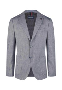 Grau strukturiertes Blazer mit Revers, zwei Knöpfen, aufgesetzten Taschen und einem gemusterten marineblauen Futter. Mit blauen Knopfakzenten.
