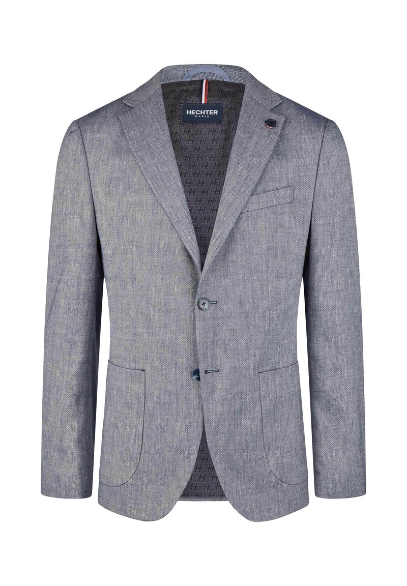Grau strukturiertes Blazer mit Revers, zwei Knöpfen, aufgesetzten Taschen und einem gemusterten marineblauen Futter. Mit blauen Knopfakzenten.