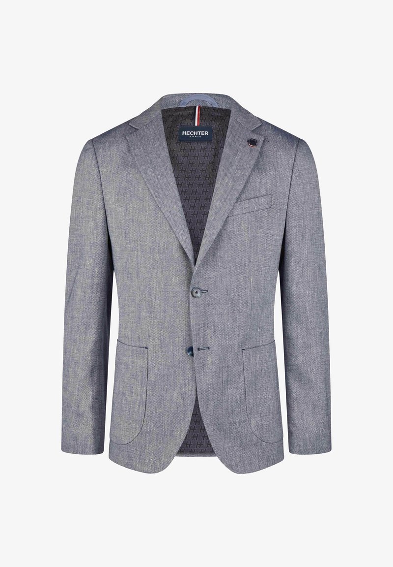 Grau strukturiertes Blazer mit Revers, zwei Knöpfen, aufgesetzten Taschen und einem gemusterten marineblauen Futter. Mit blauen Knopfakzenten.