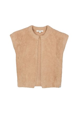 Beige, mouwloos, pluizig vest met ronde halslijn, rechte zoom en open voorkant, plat gelegd op een witte achtergrond.