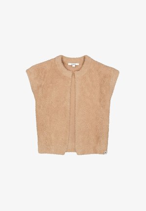 Chaleco beige sin mangas, de tejido peludo, con escote redondo, bajo recto y parte delantera abierta, colocado plano sobre un fondo blanco.