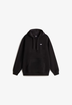 Svart fleece-hoodie med framficka, dragsko på huvan och en liten vit "VANS"-logotyp på bröstet. Mjuk textur och avslappnad passform.