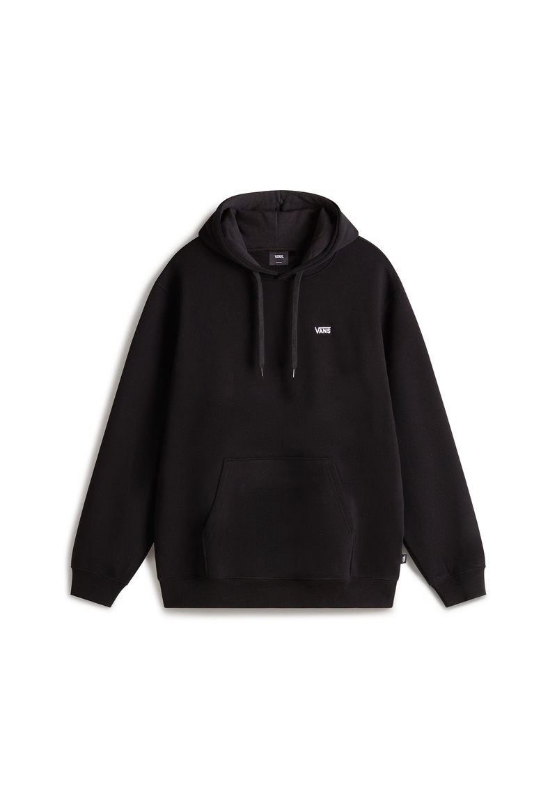 Felpa nera in pile con tasche frontali, cappuccio con cordini e un piccolo logo bianco "VANS" sul petto. Tessuto morbido, vestibilità rilassata.