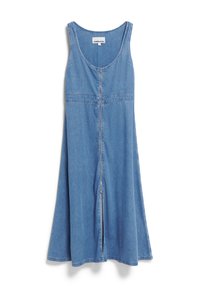 Jeanskleid in Hellblau mit rundem Ausschnitt, ärmellosem Design, Frontreißverschluss und ausgestellter Form; weist ein dezentes Nahtdetail auf.
