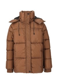 Braune Pufferjacke mit hohem Kragen, Reißverschluss und Kordelzugkapuze. Sie hat gerippte Bündchen und einen glänzenden, strukturierten Stoff.