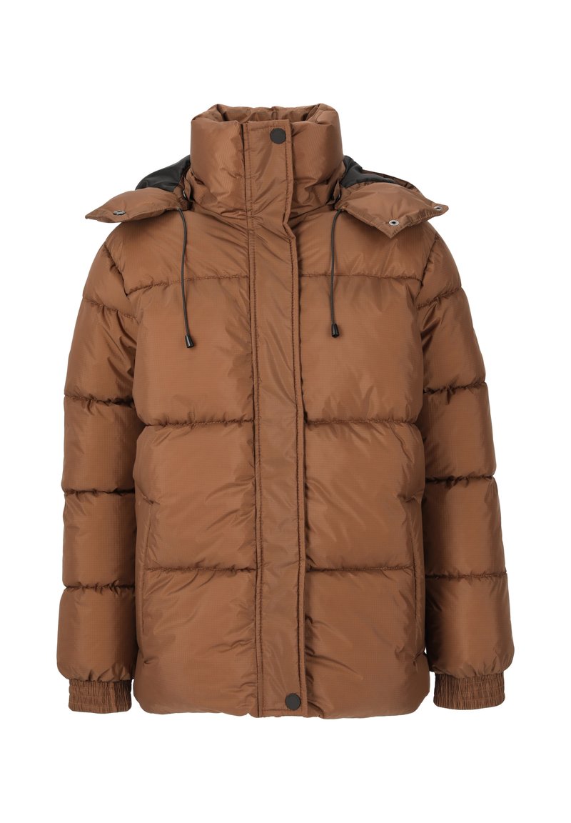 Braune Pufferjacke mit hohem Kragen, Reißverschluss und Kordelzugkapuze. Sie hat gerippte Bündchen und einen glänzenden, strukturierten Stoff.