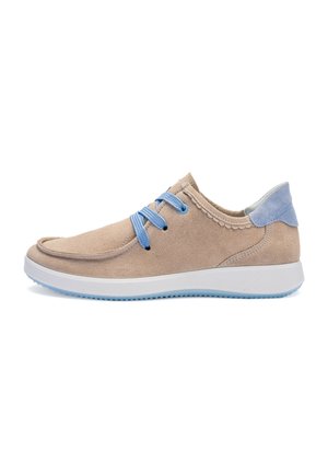 Beige suede sneaker with blue laces, contrasting blue heel accent, and white rubber sole featuring a textured tread pattern.