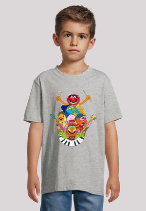 Gray cotton t-shirt featuring colorful characters from The Muppets, with a round design and piano keys at the bottom of the graphic.