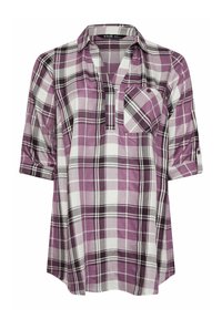 Camicia a scacchi viola e bianca con maniche corte, colletto, pattina con mezza abbottonatura e taschino sul petto. Realizzata in tessuto leggero.