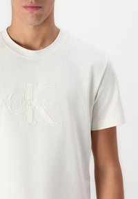 Bílý bavlněný tričko s kulatým výstřihem, na přední straně s jemným vyšitým logem "CK Calvin Klein Jeans". Krátké rukávy.