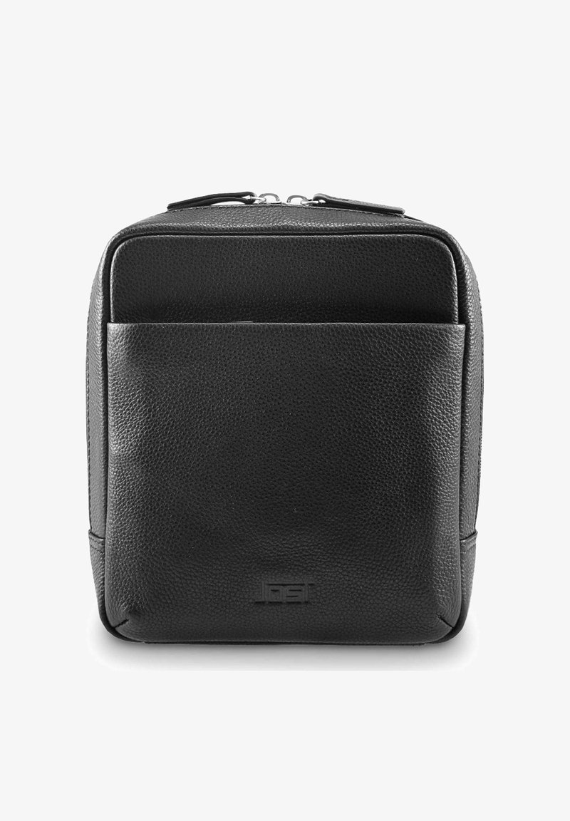 Borsa nera in pelle con superficie texturizzata, dotata di una tasca frontale e chiusura con zip. Design compatto con un'estetica minimalista.