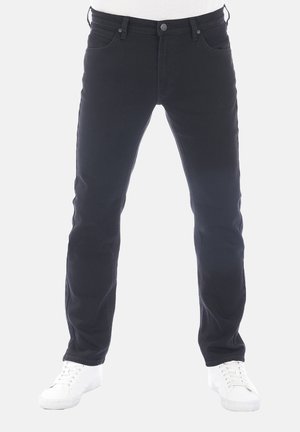 Zwarte denim jeans met een rechte snit, voorzien van vijf zakken en een knoopsluiting. Draag met witte sneakers.