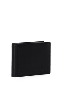 Black leather wallet with a slim profile, featuring visible stitching along the edges and a debossed logo on one side. Smooth texture.