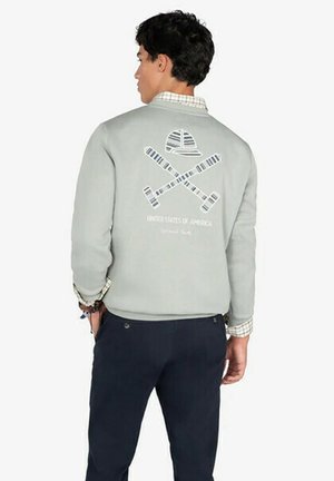 Hombre vistiendo un sudadera gris claro con un gráfico de palos de polo cruzados y un casco, además del texto "Estados Unidos de América" en la parte posterior.
