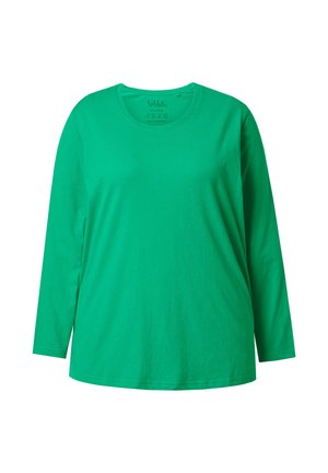 T-shirt à manches longues de couleur verte éclatante, fabriqué en coton lisse. Il présente un col rond et une coupe décontractée sans motifs ni accents visibles.