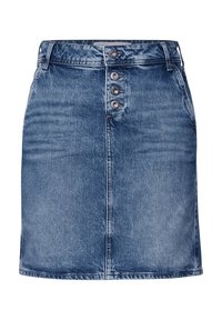 Džínová sukně v světle modré barvě se střih přímo dolů, předním zapínáním na pět knoflíků a bledým vzhledem. Délka do poloviny stehna, bez kapes.