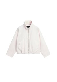 Light pink cropped jacket with full front zipper, stand-up collar, and two front pockets, displayed on a white background.
