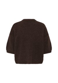 Pull en maille marron foncé à manches courtes avec un col rond et un ourlet et des poignets côtelés, vu de dos sur fond blanc.