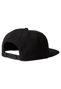 Black cap with a curved brim, made of smooth fabric, featuring a plastic snapback closure and ventilation eyelets on the crown.