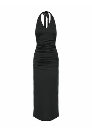 Robe noire sans manches à col licou, avec une partie médiane froncée et une jupe longue ajustée.