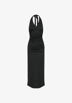 Crna halter haljina bez rukava s naboranim srednjim dijelom i uskom dugom suknjom.