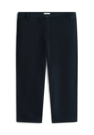 Dark navy trousers with a straight-leg design, featuring a front button closure, side pockets, and a smooth, lightweight fabric texture.