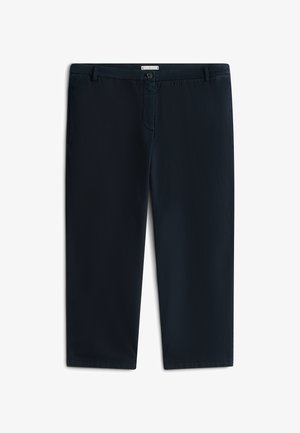 Pantalon bleu marine foncé à coupe droite, avec une fermeture avant à bouton, des poches latérales et une texture de tissu lisse et léger.