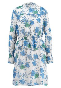Robe blanche à motif floral bleu et vert, taille smockée, encolure à volants, et manches longues avec poignets élastiques. Tissu doux et léger.