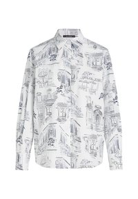 Camicia lunga bianca con stampa di schizzi architettonici blu, con colletto classico e chiusura a bottoni. Tessuto leggero, vestibilità comoda.