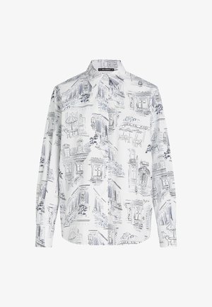 Witte blouse met lange mouwen, voorzien van een blauwe architectonische schetsprint, met een klassieke kraag en knoopsluiting aan de voorkant. Lichtgewicht stof, ontspannen pasvorm.