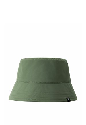 Green bucket hat made of lightweight fabric with a wide, downturned brim and stitched accents. Features a small brand tag on side.