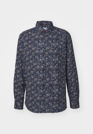 Camicia a maniche lunghe in blu e nero con un motivo floreale. Presenta un colletto con bottoni e bottoni lungo la parte anteriore. Realizzata in un tessuto leggero.